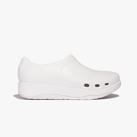 FitFlop WORK HIGH-PERFORMACE Womens Clogs Urban White side view showing smooth EVA upper and slip-on design.