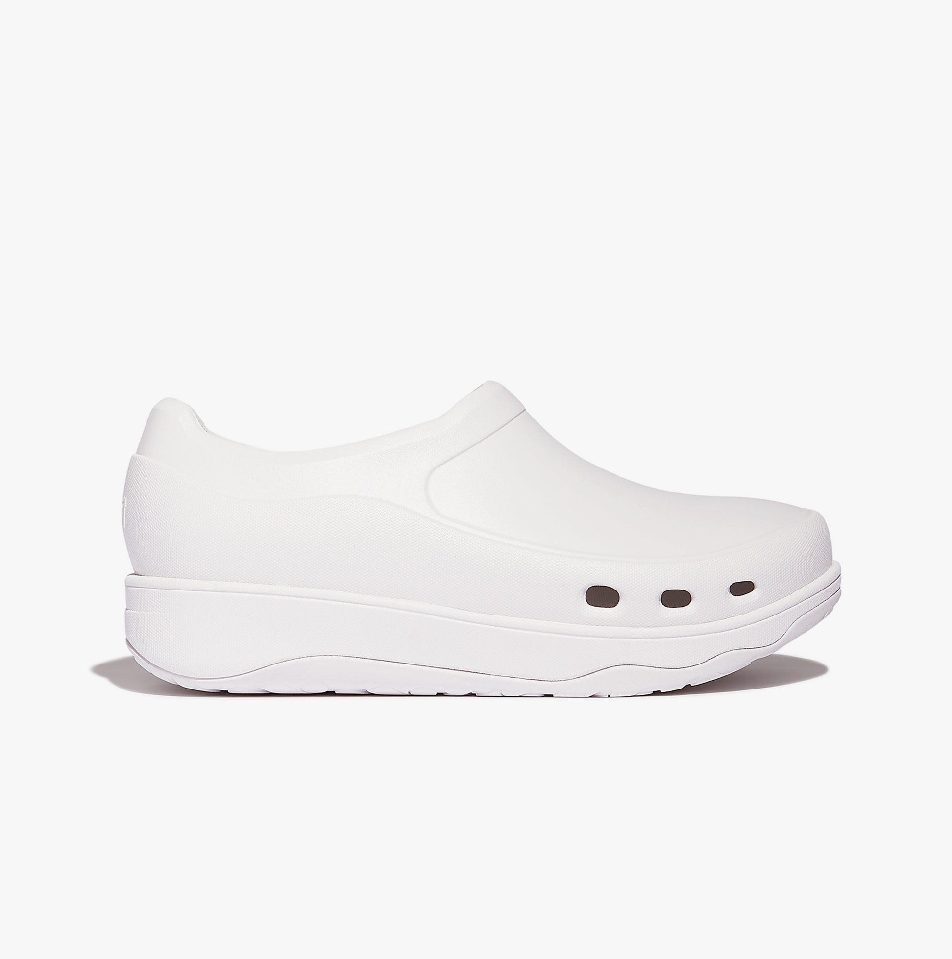 FitFlop WORK HIGH-PERFORMACE Womens Clogs Urban White side view showing smooth EVA upper and slip-on design.