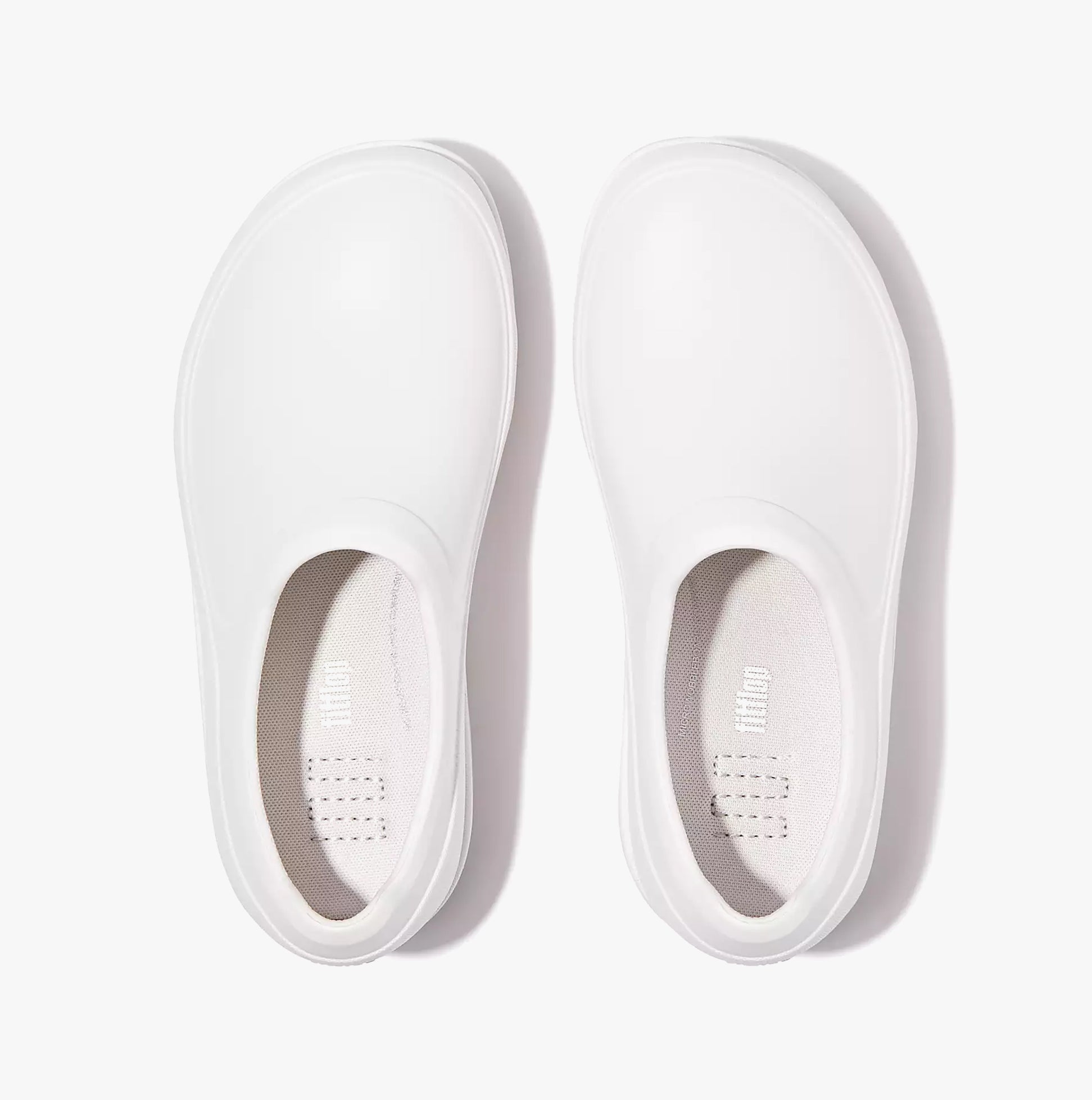 FitFlop WORK HIGH-PERFORMACE Womens Clogs Urban White top view showcasing the sleek design and smooth EVA upper.