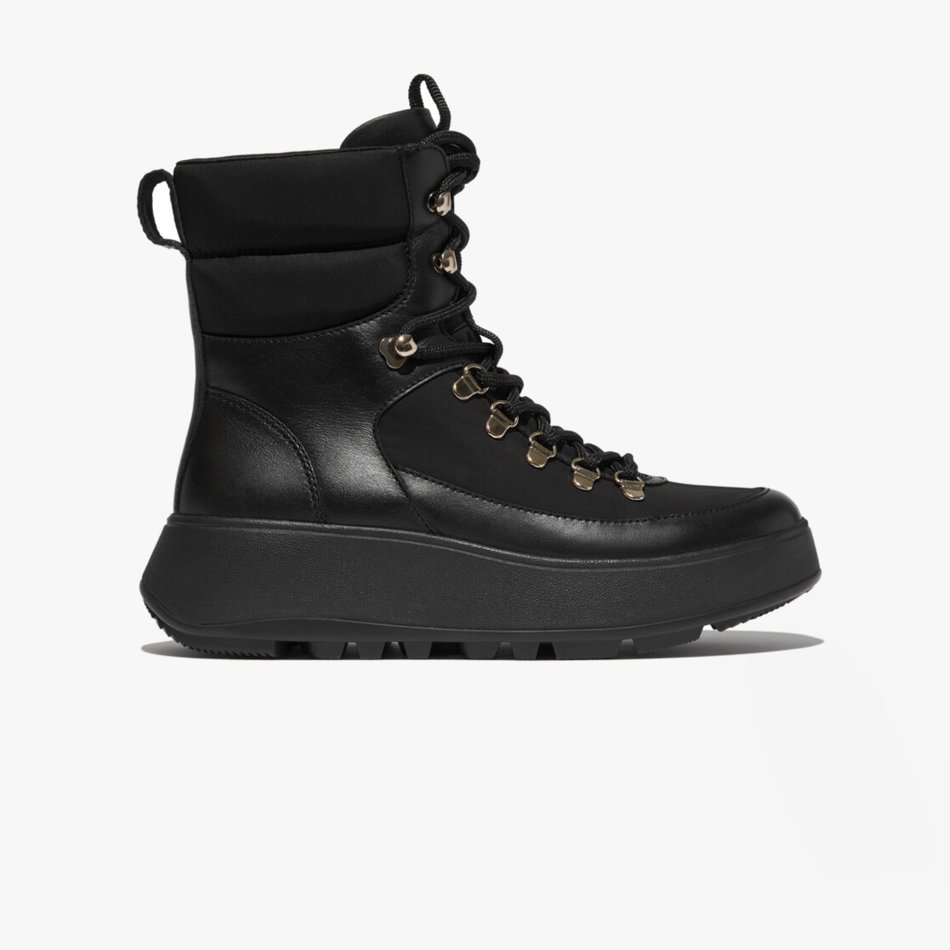 FitFlop F-MODE Womens Ankle Boots Black side view, lace-up hiking boots with rubber sole and leather upper.