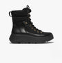 FitFlop F-MODE Womens Ankle Boots Black side view, lace-up hiking boots with rubber sole and leather upper.