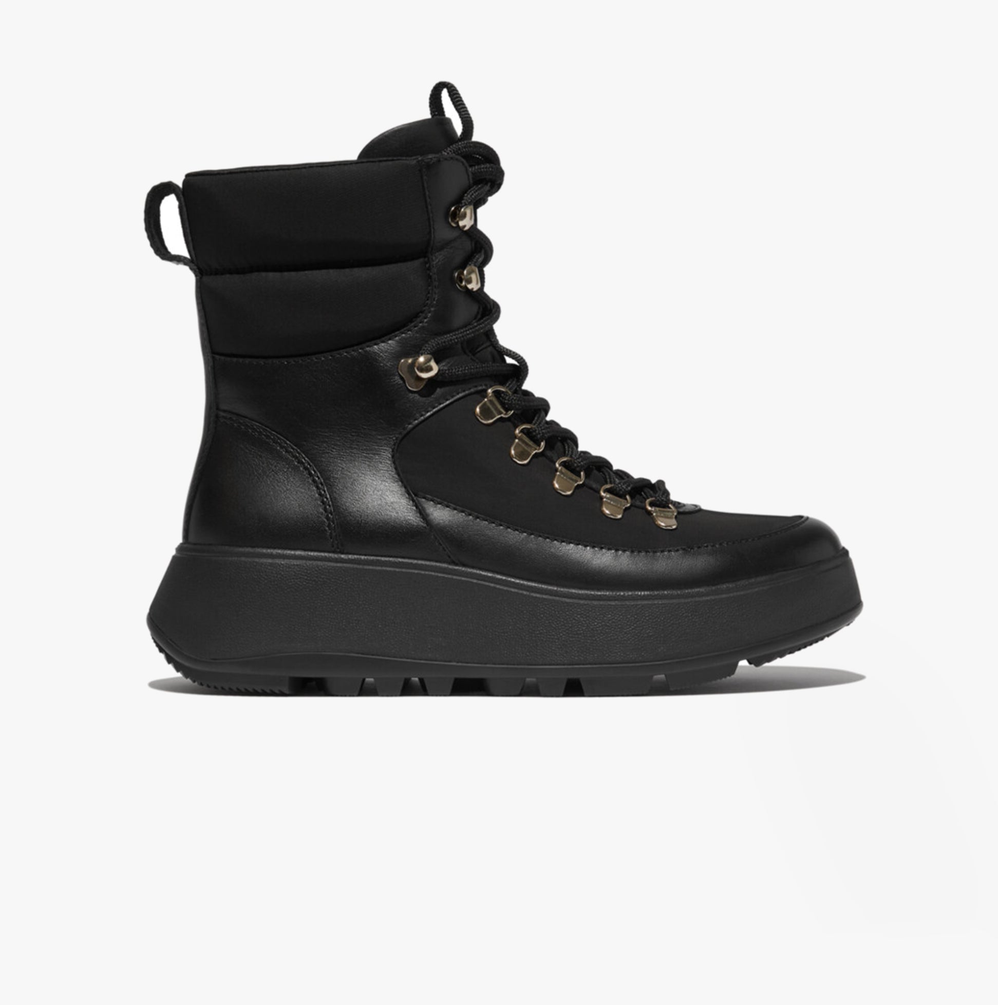 FitFlop F-MODE Womens Ankle Boots Black side view, lace-up hiking boots with rubber sole and leather upper.