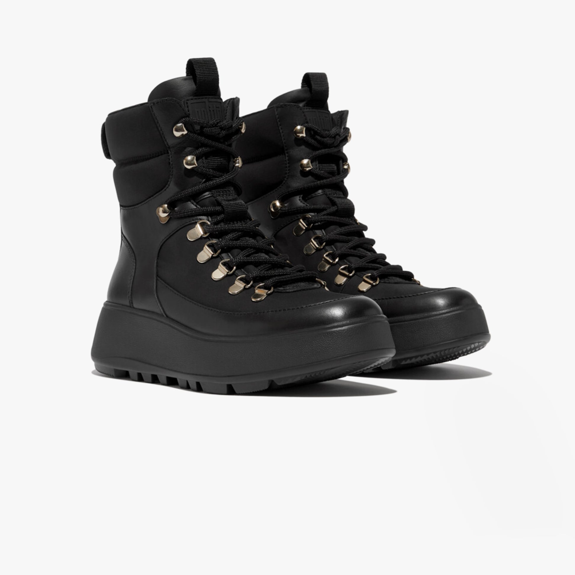 FitFlop F-MODE Womens Ankle Boots Black side view showcasing lace-up closure and platform sole.