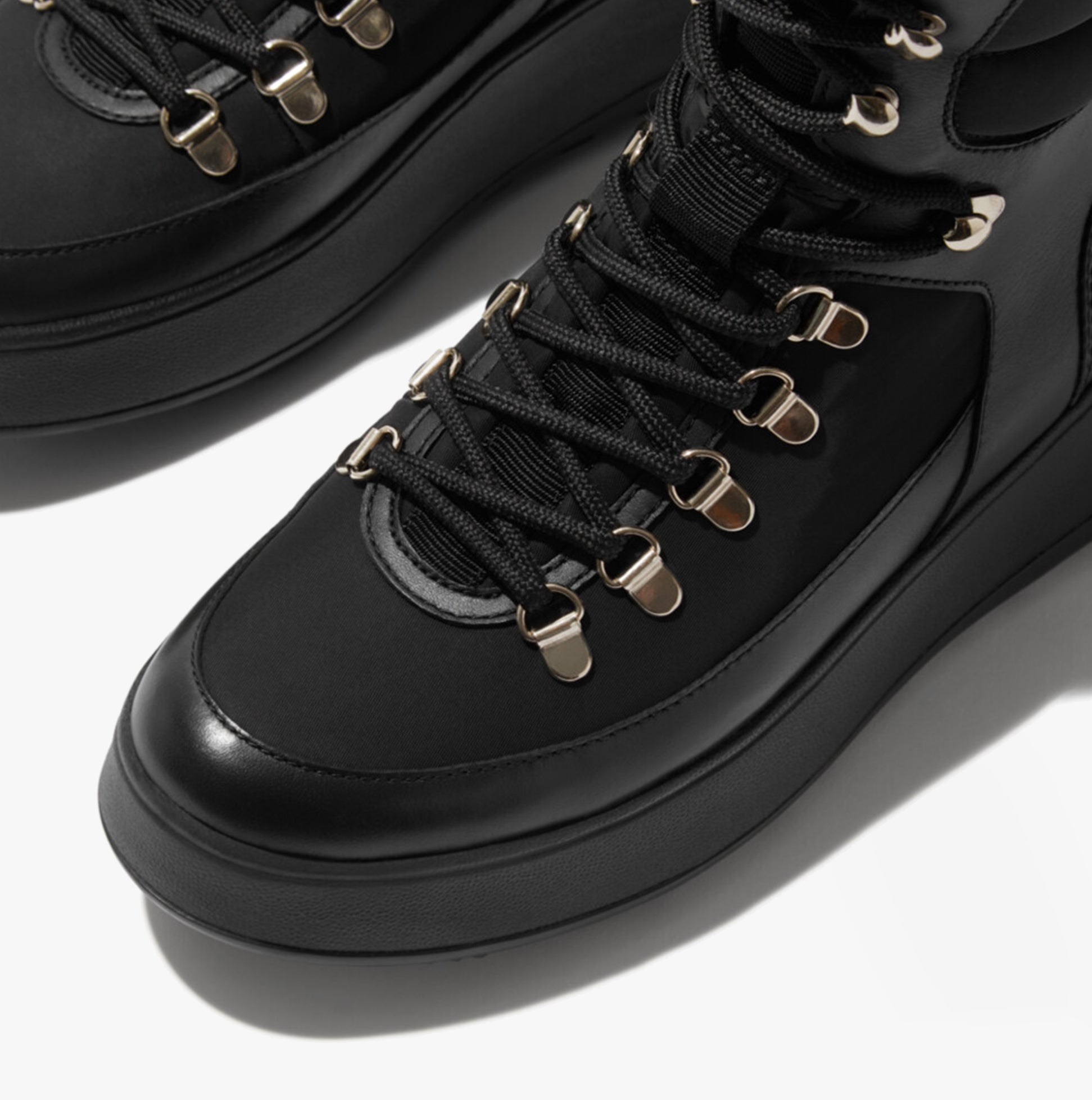FitFlop F-MODE Womens Ankle Boots Black detail view showcasing black leather upper and lace-up design.