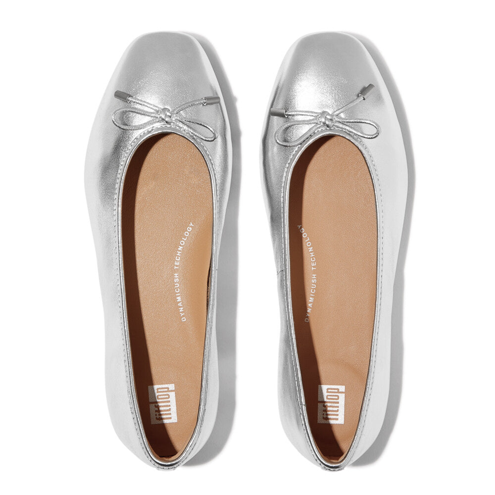 FitFlop DELICATO BOW SOFT Womens Ballet Flats Silver top view showing silver leather upper and bow detail.