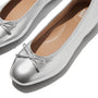 FitFlop DELICATO BOW SOFT Womens Ballet Flats Silver top view with bow detail and shiny leather finish.