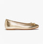 FitFlop DELICATO BOW SOFT Womens Ballet Flats Platino side view with a shiny gold leather upper and a bow detail.