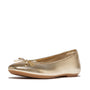 FitFlop DELICATO BOW SOFT Womens Ballet Flats Platino side view of elegant gold leather ballet shoe.