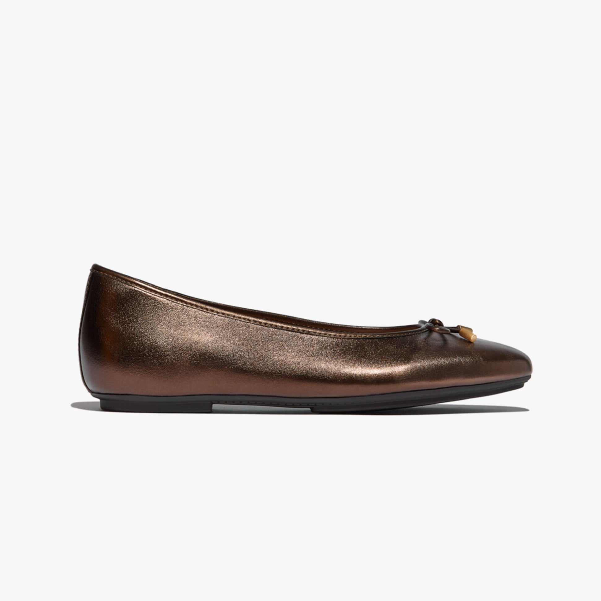 FitFlop DELICATO BOW SOFT METALLIC-LEATHER Ladies Ballet Flats Metallic Chocolate Brown side view.