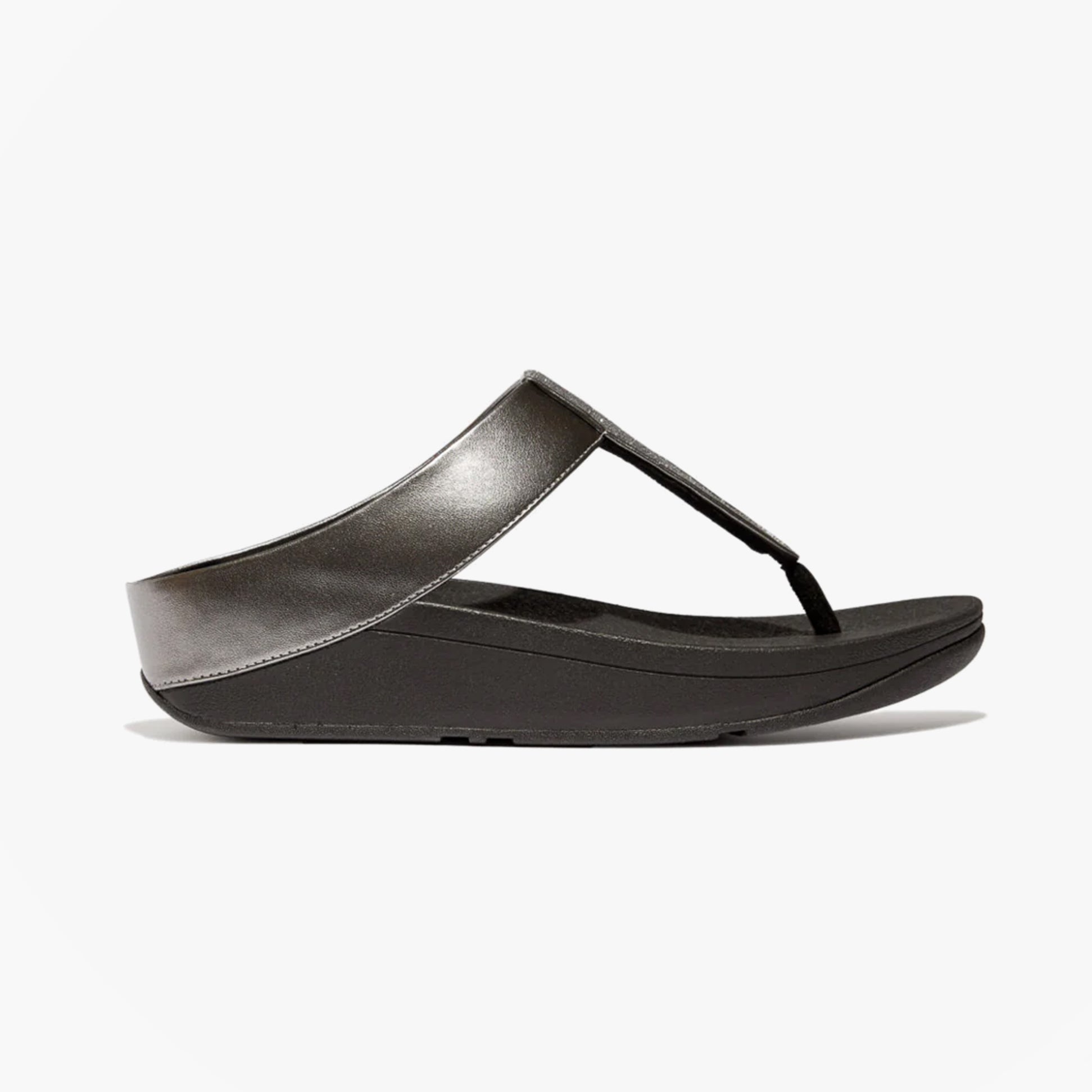 FitFlop FINO GLITTERDUST METALLIC Womens Toe Post Sandals Pewter side view showcasing comfort design and slip-resistant sole.