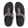 FitFlop FINO GLITTERDUST METALLIC Womens Toe Post Sandals Pewter top view showcasing glittery metallic straps and black sole.