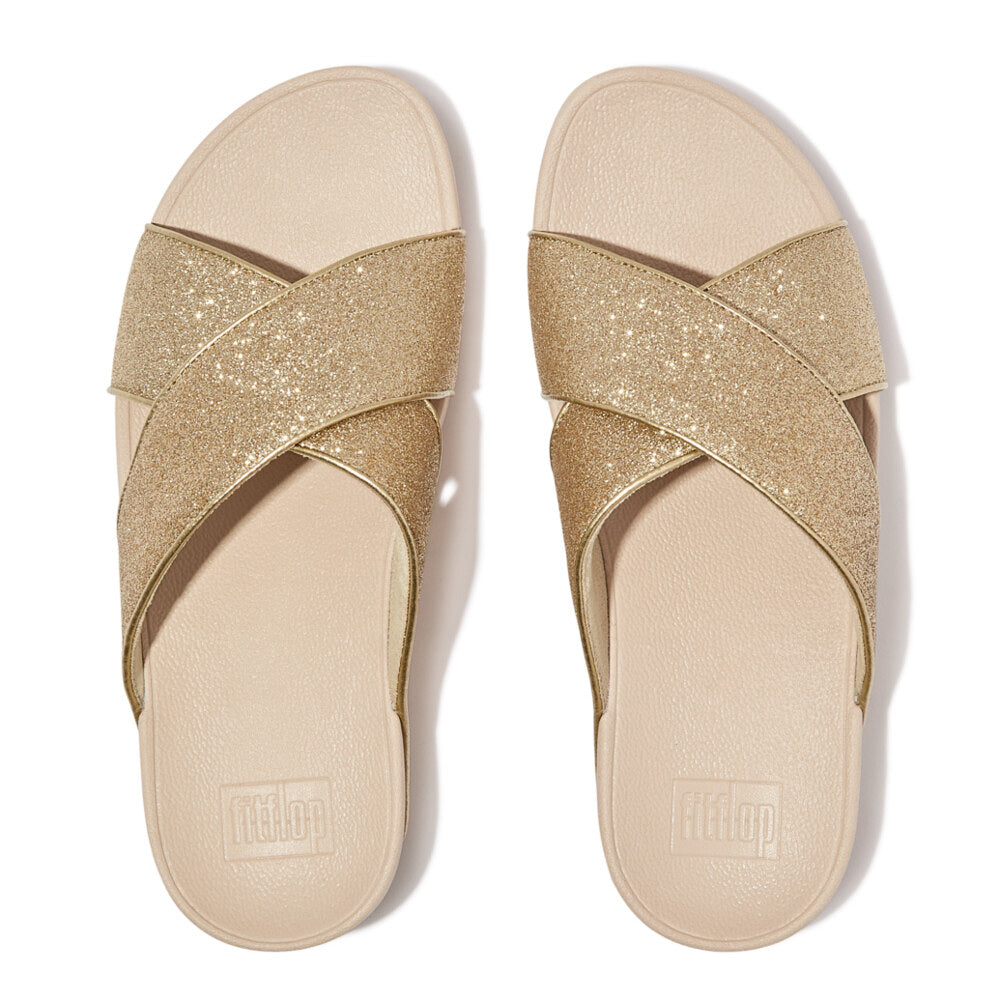 FitFlop LULU GLITTERDUST Womens Slides Platino top view showing sparkling straps and comfortable sole.