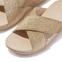 FitFlop LULU GLITTERDUST Womens Slides Platino detail view of glittery gold straps and soft footbed.