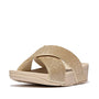 FitFlop LULU GLITTERDUST Womens Slides Platino side view with sparkling glitter detailing and comfortable wedge heel.