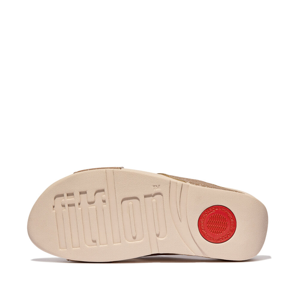 FitFlop LULU GLITTERDUST Womens Slides Platino bottom view showcasing rubber sole with red accent.