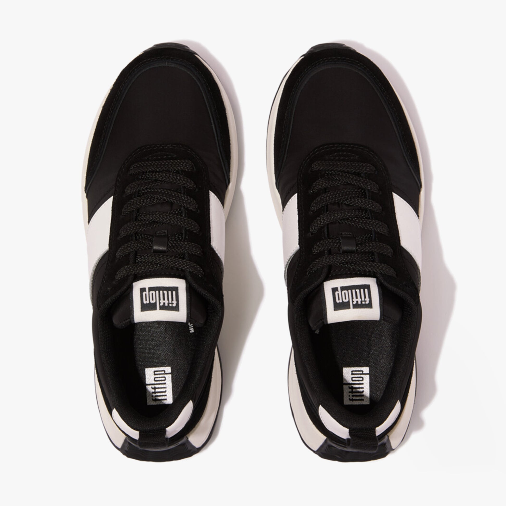 FitFlop F-MODE Womens Trainers Black top view of casual trainers in black and white leather.