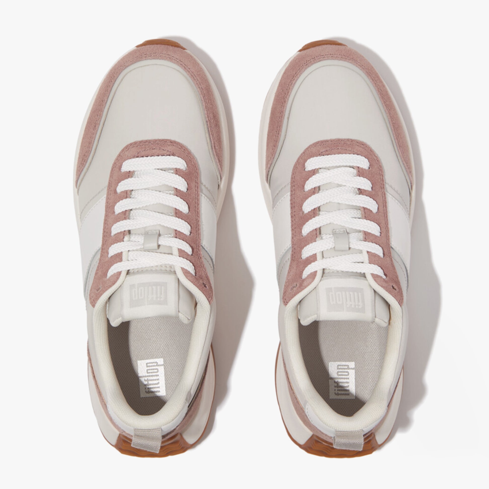 FitFlop F-MODE Womens Trainers Dusky Pink Mix top view featuring leather and suede upper, lace-up design.