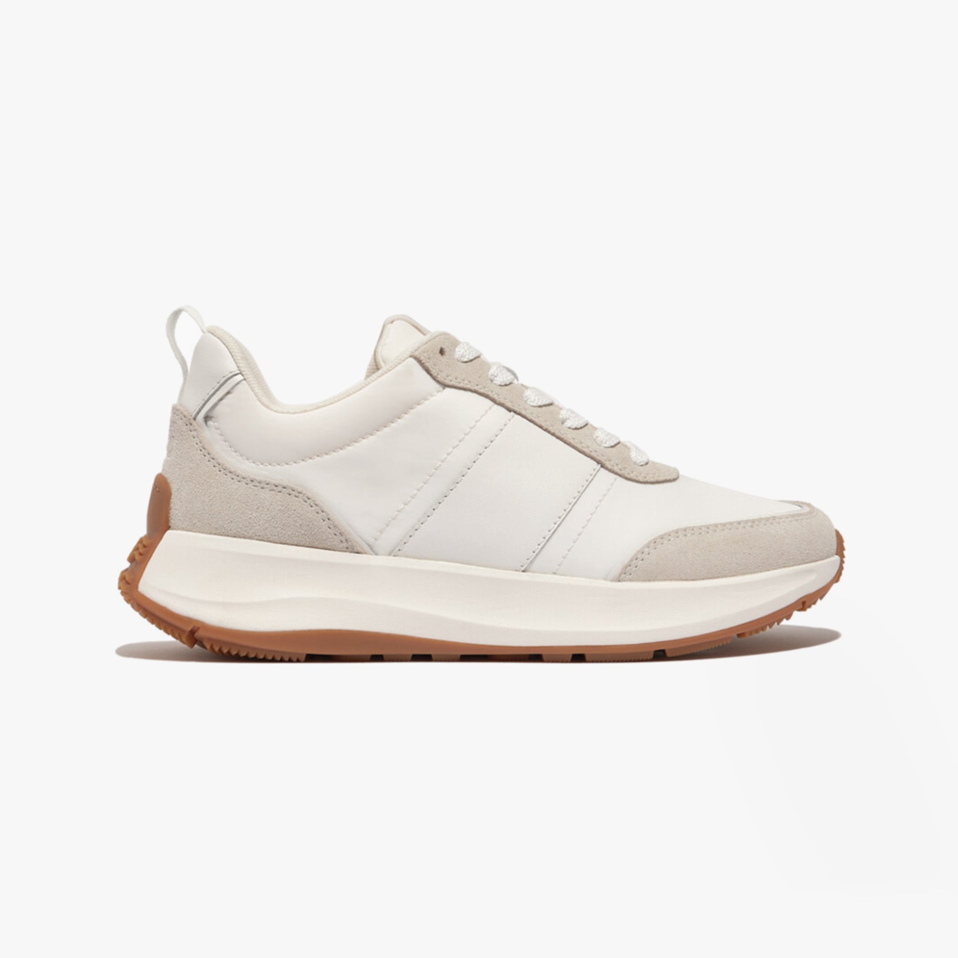 FitFlop F-MODE Womens Trainers Urban White Mix side view featuring casual leather and suede design.