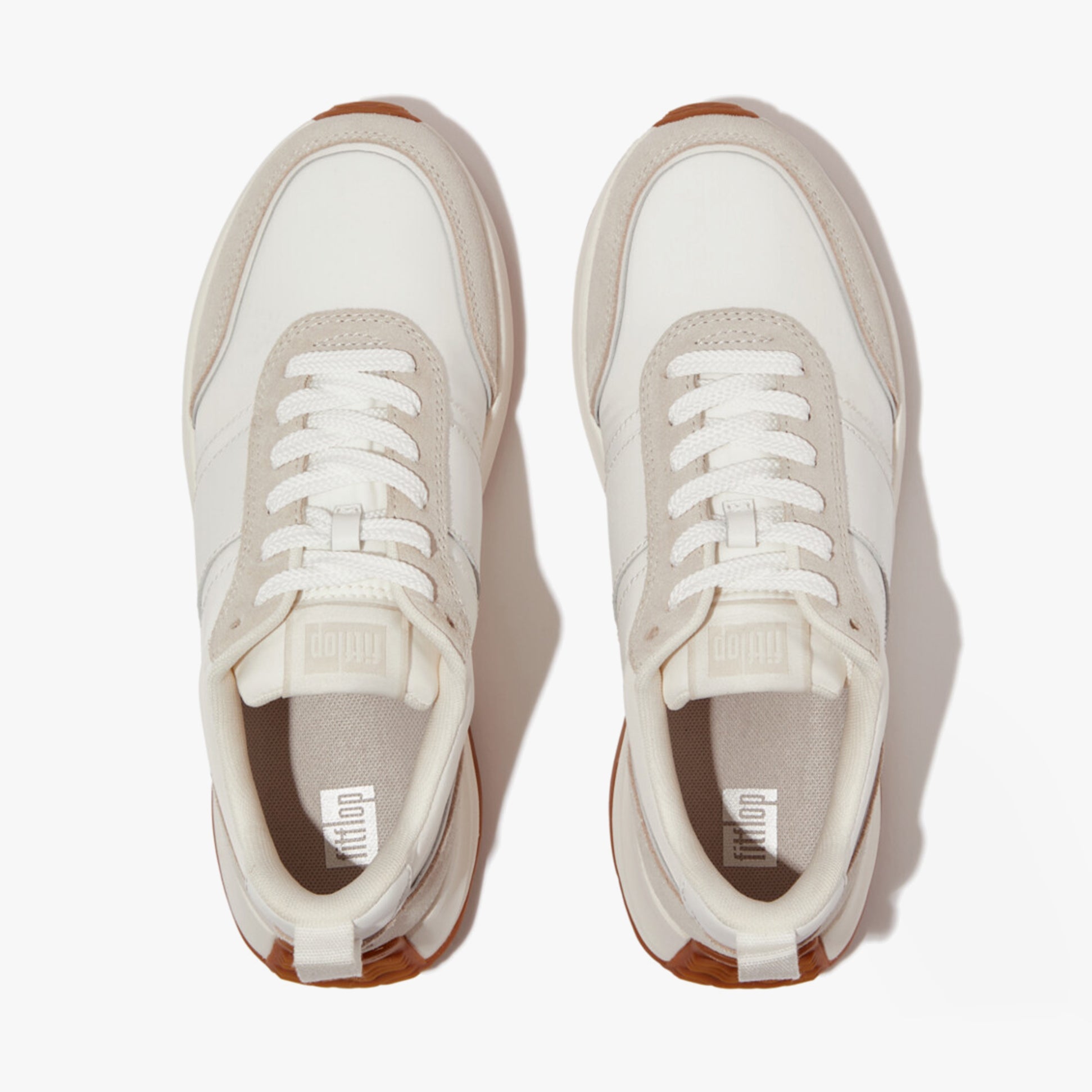 FitFlop F-MODE Womens Trainers Urban White Mix top view showcasing lace-up design and casual style.