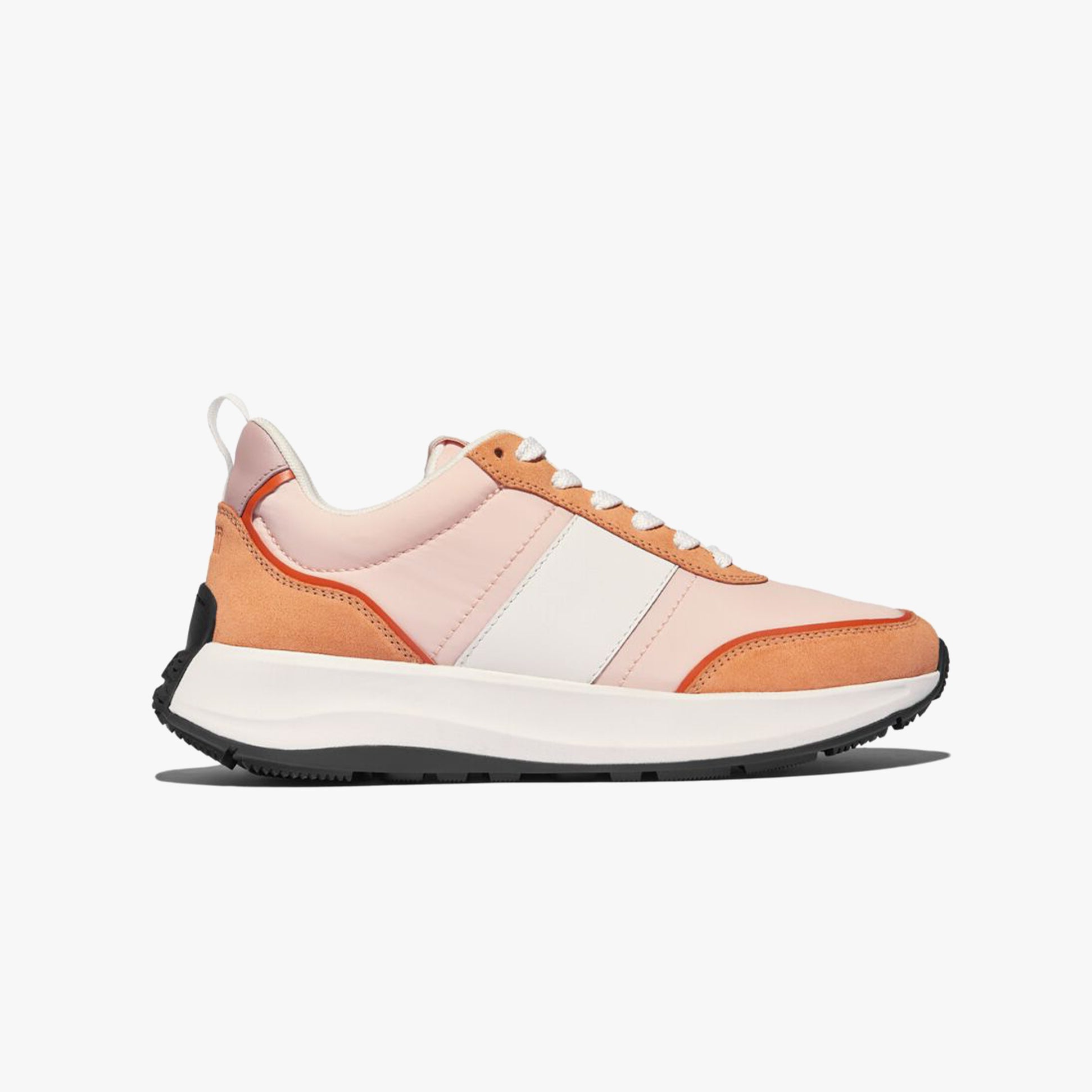 FitFlop F-MODE FLOW Womens Trainers Peachy/Clay Pink Mix side view featuring casual leather and suede design.