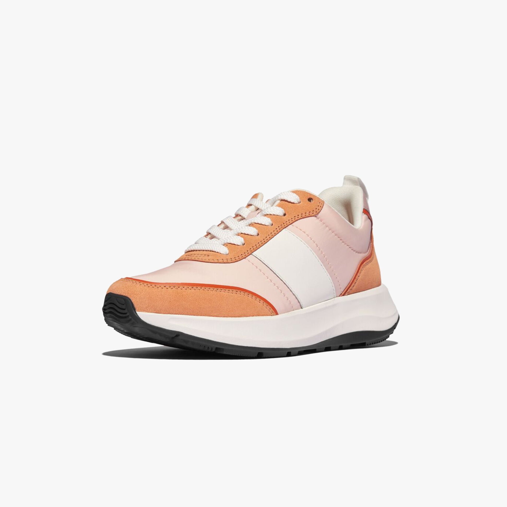 FitFlop F-MODE FLOW Womens Trainers Peachy/Clay Pink Mix front view showcasing lace-up design and casual style.