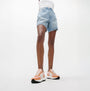 FitFlop F-MODE FLOW Womens Trainers Peachy/Clay Pink Mix side view worn with denim shorts