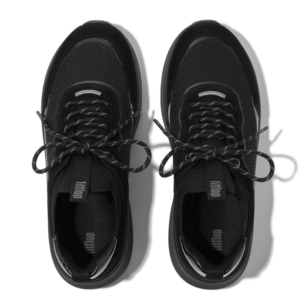 FitFlop F-MODE SUEDE/KNIT Womens Trainers All Black top view showing lace-up design and black color.