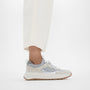 FitFlop F-MODE SUEDE/KNIT Womens Trainers Urban White/French Grey side view with casual outfit, showcasing comfort and style.