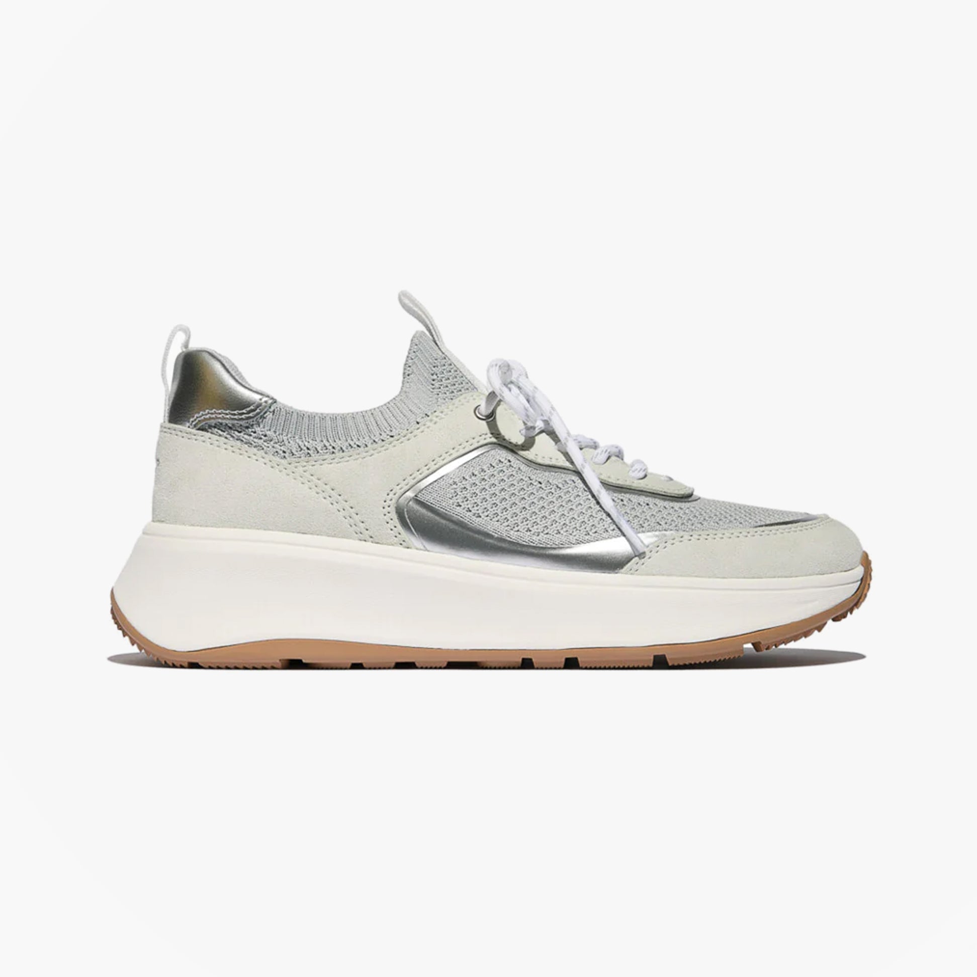 FitFlop F-MODE SUEDE/KNIT Womens Trainers Urban White/French Grey side view featuring lace-up closure and round toe shape.