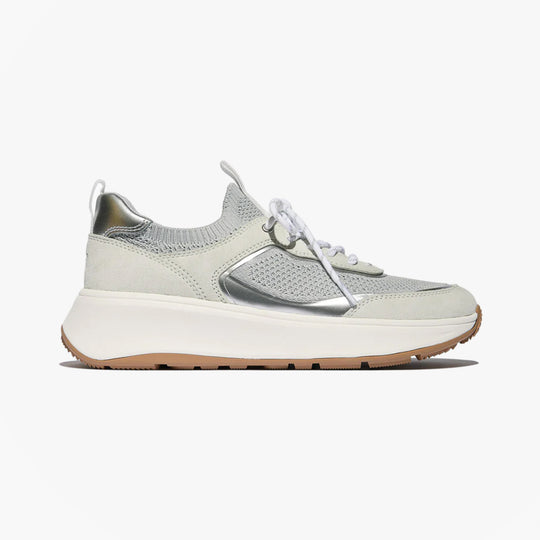 FitFlop F-MODE SUEDE/KNIT Womens Trainers Urban White/French Grey side view featuring lace-up closure and round toe shape.