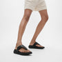 FitFlop F-MODE GO Womens Toe Post Sandals All Black side view worn on feet with a casual outfit
