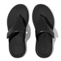 FitFlop F-MODE GO Womens Toe Post Sandals All Black top view with slip-on design and comfort features.