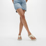 FitFlop F-MODE GO Womens Toe Post Sandals Paris Beige side view worn with shorts, showcasing comfort and style.