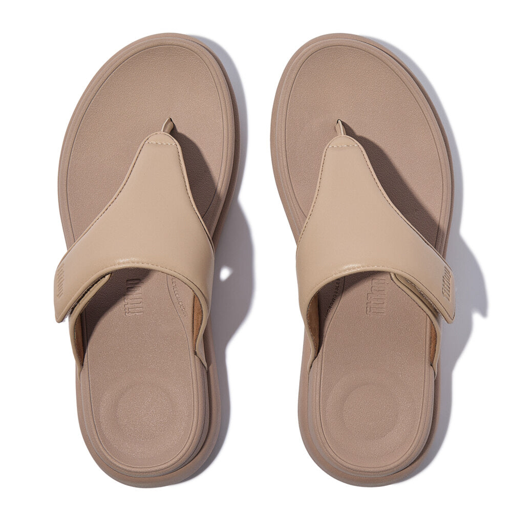 FitFlop F-MODE GO Womens Toe Post Sandals Classic Beige top view showing slip-on design and comfortable fit.