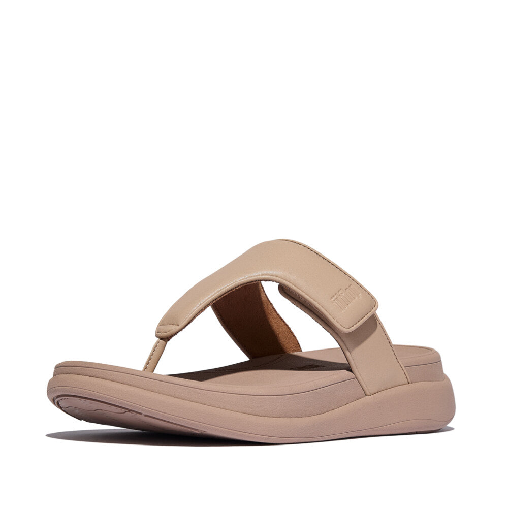 FitFlop F-MODE GO Womens Toe Post Sandals Classic Beige side view showing leather upper and rubber sole.