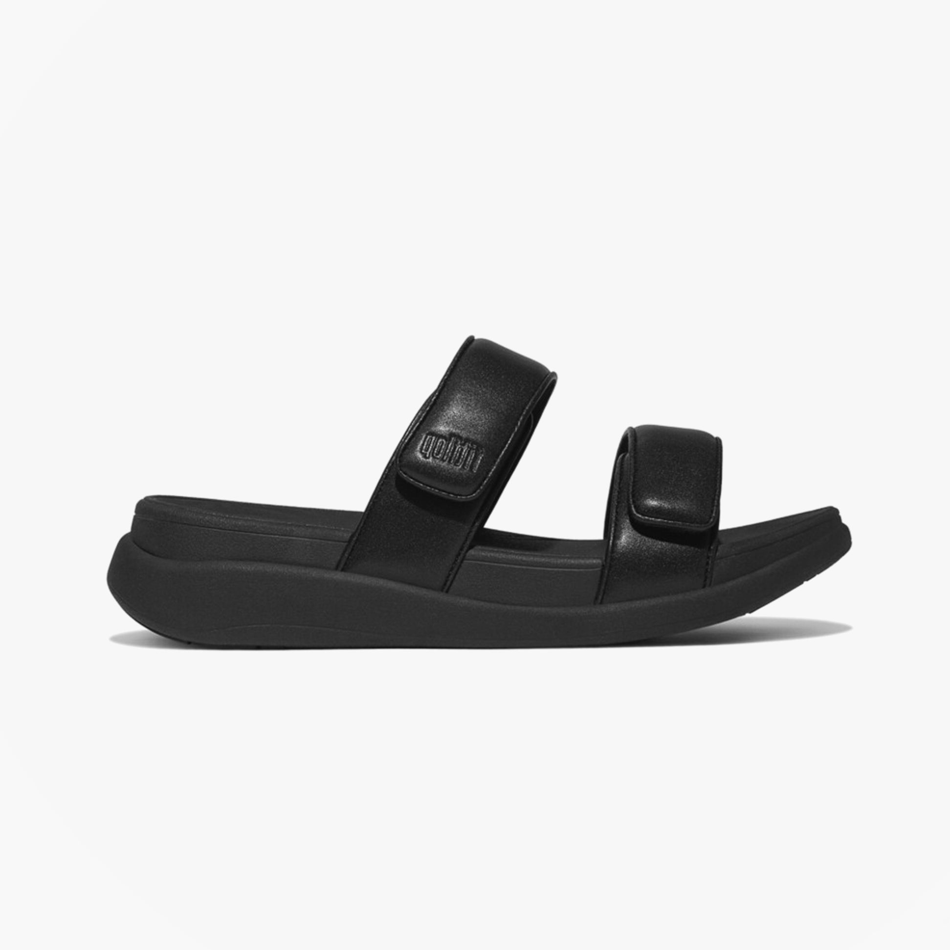 FitFlop F-MODE GO Womens Slides All Black side view with leather straps and EVA sole.