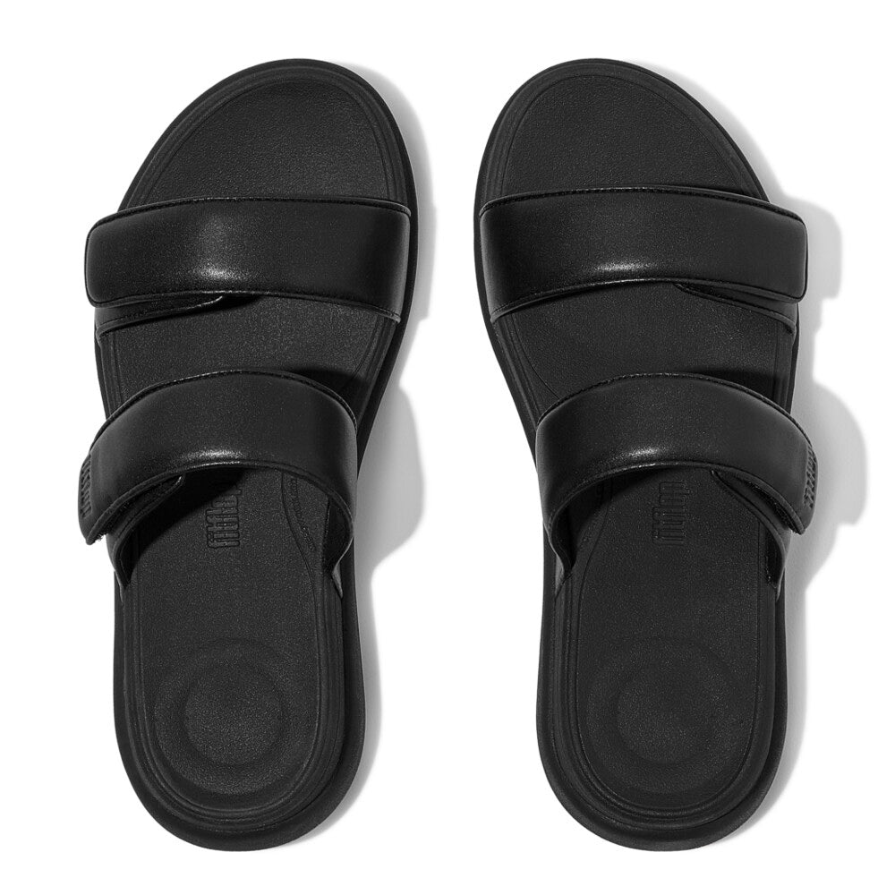 FitFlop F-MODE GO Womens Slides All Black top view showing dual strap design and comfortable sole
