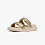 FitFlop F-MODE GO Womens Slides Platino side view showing the gold leather upper and comfortable slip-on design.