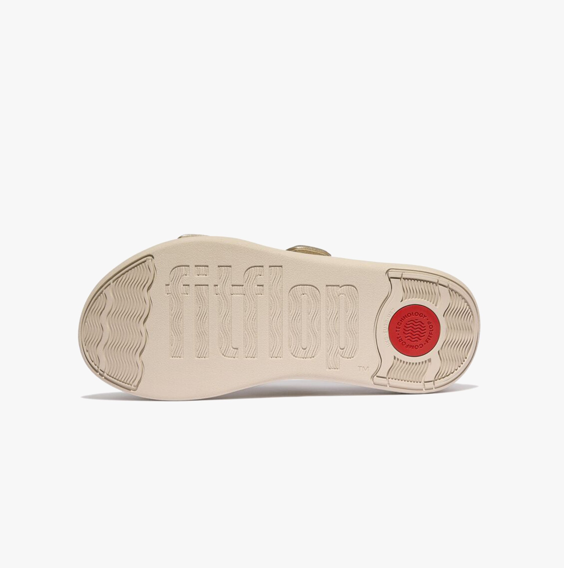 FitFlop F-MODE GO Womens Slides Platino underside view showcasing the outsole design and branding.