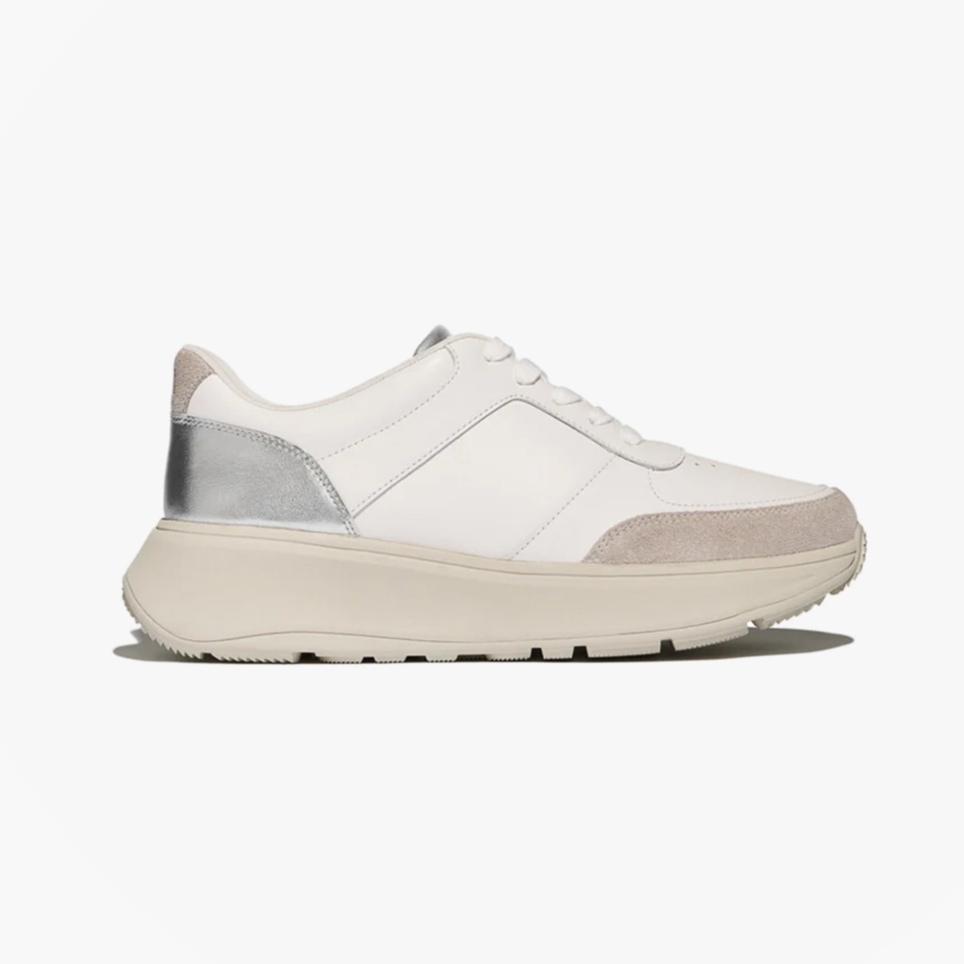 FitFlop F-MODE LEATHER Womens Trainers Urban White/Silver side view featuring casual leather upper and platform rubber sole.
