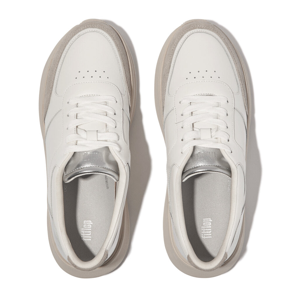 FitFlop F-MODE LEATHER Womens Trainers Urban White/Silver top view with lace-up closure and round toe design.