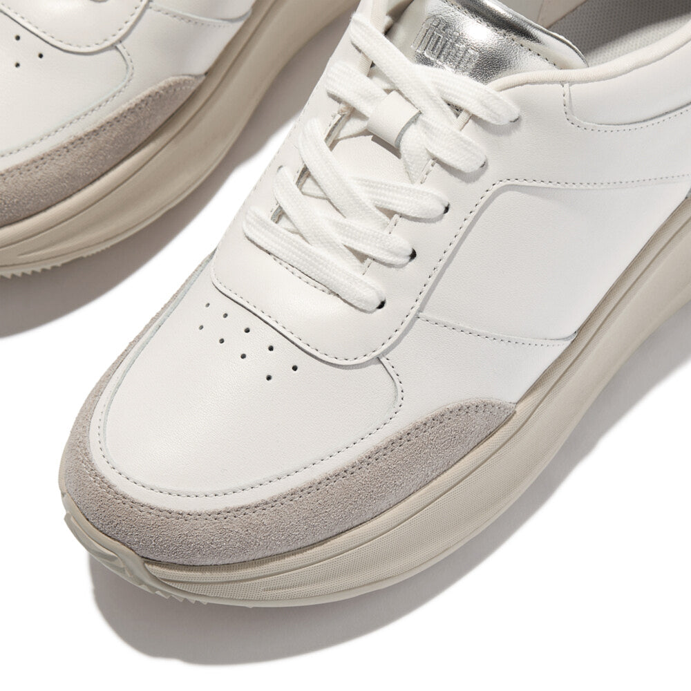FitFlop F-MODE LEATHER Womens Trainers Urban White/Silver top view showcasing leather upper and lace-up detail.