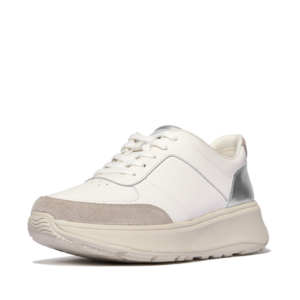 FitFlop F-MODE LEATHER Womens Trainers Urban White/Silver side view showing leather and suede details.