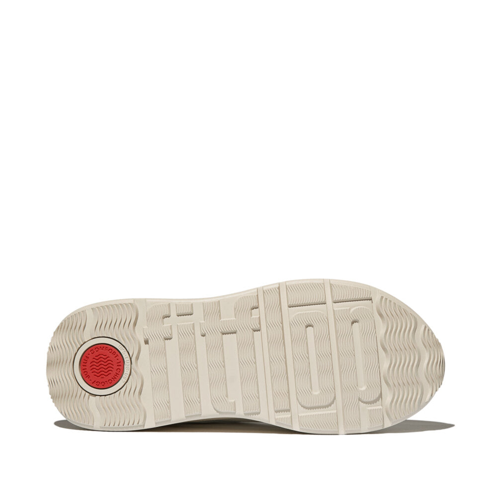 FitFlop F-MODE LEATHER Womens Trainers Urban White/Silver bottom view with rubber sole and red accent.