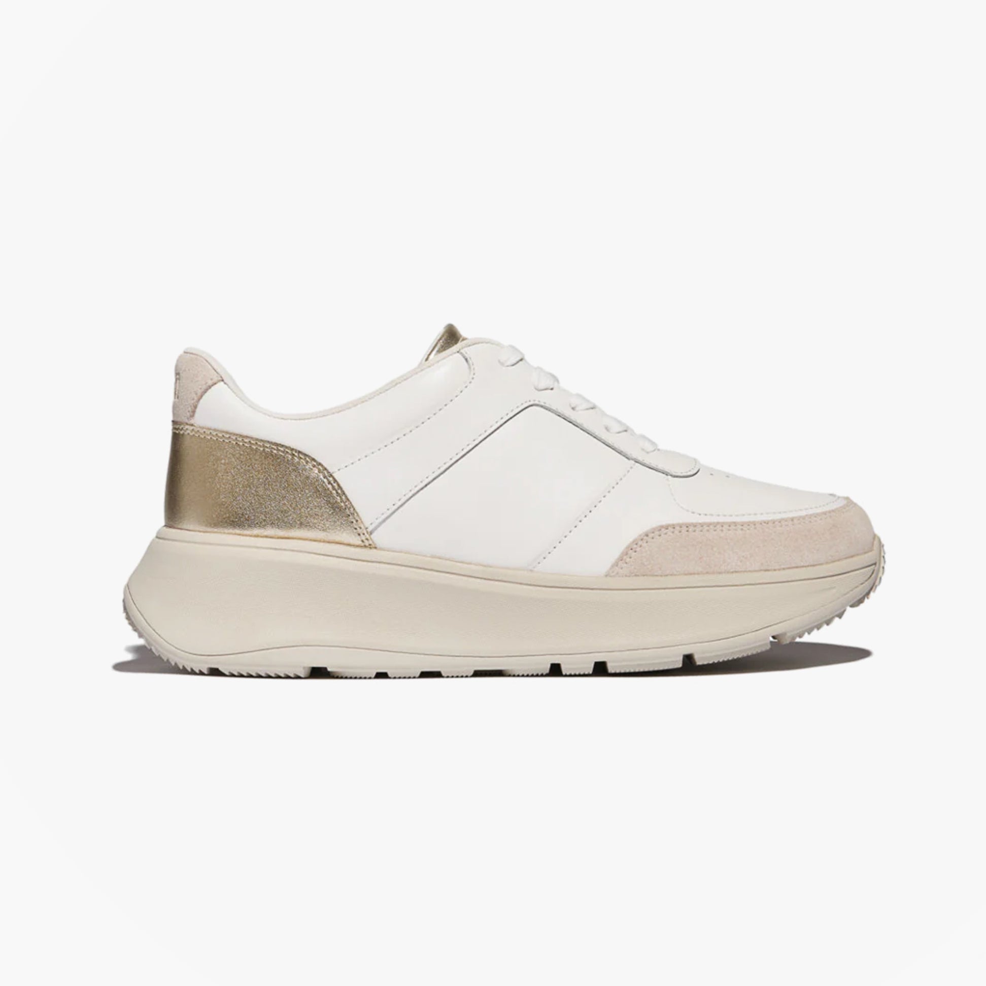 FitFlop F-MODE LEATHER Womens Trainers Urban White/Platino side view with lace-up closure and platform sole.