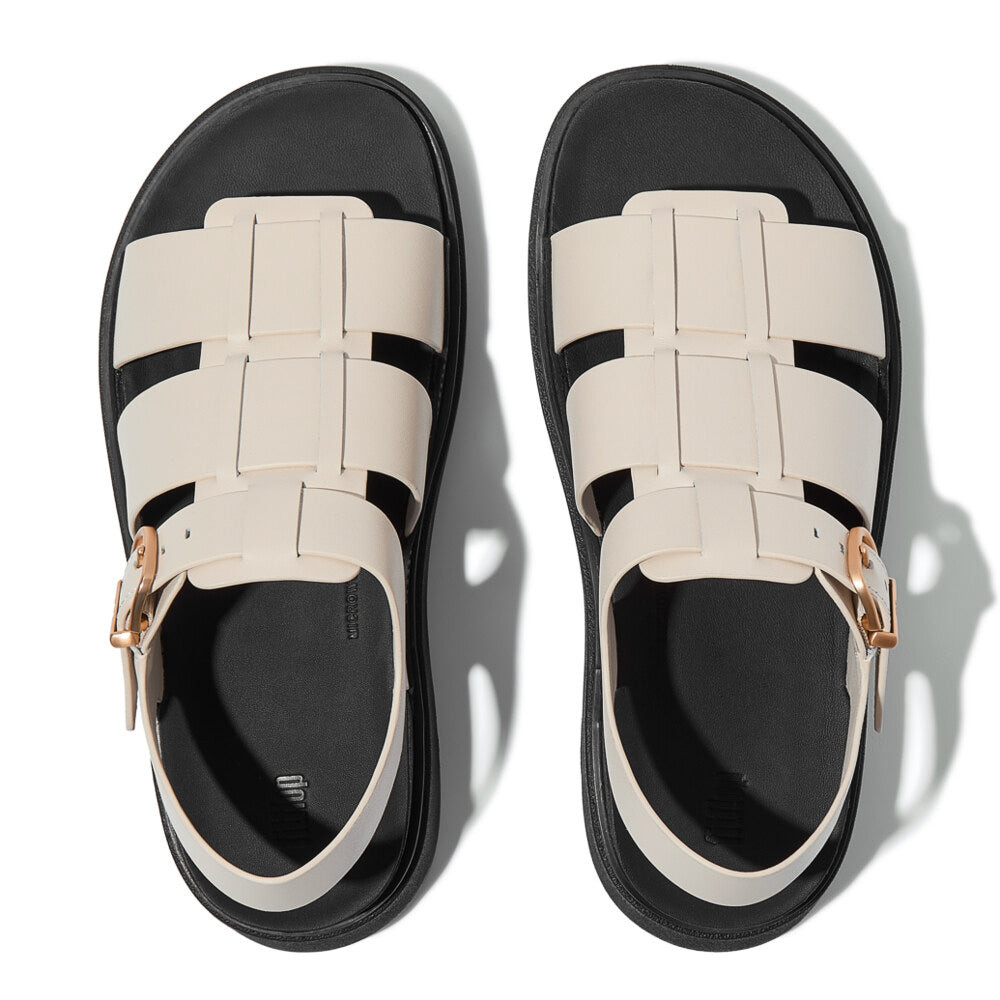 FitFlop GEN-FF LEATHER Womens Fisherman Sandals Paris Beige top view with buckle, highlighting leather upper and comfort features.
