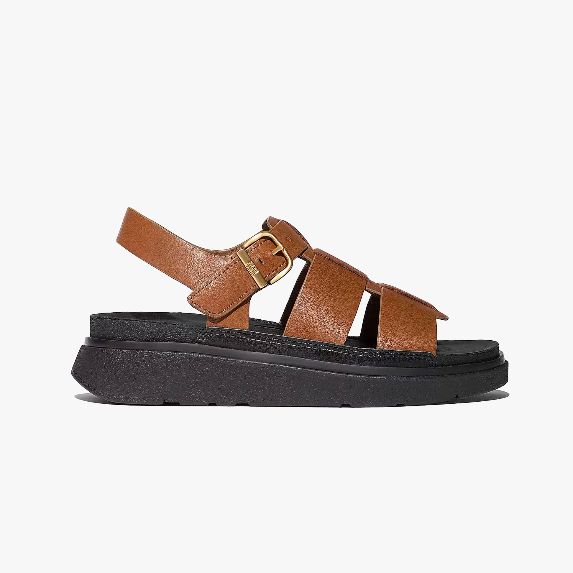 FitFlop GEN-FF LEATHER Womens Fisherman Sandals Deep Tan side view showing leather upper and buckle closure.