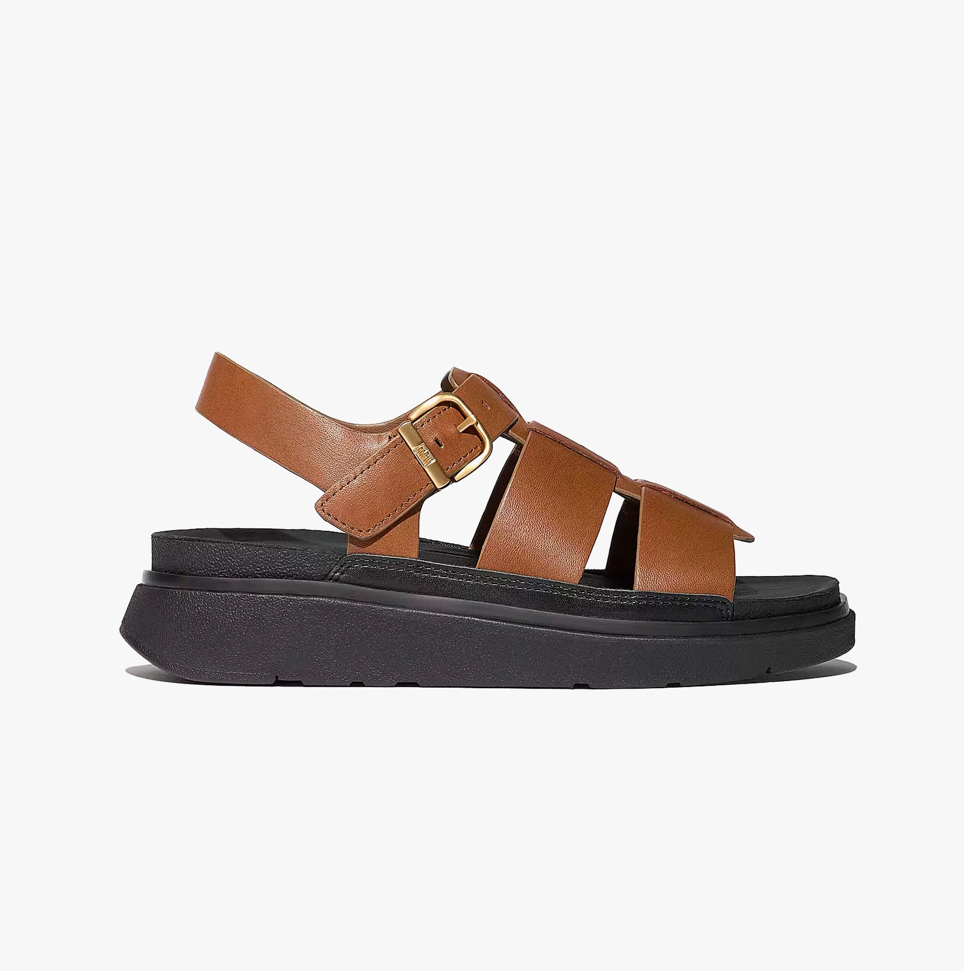 FitFlop GEN-FF LEATHER Womens Fisherman Sandals Deep Tan side view showing leather upper and buckle closure.