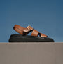 FitFlop GEN-FF LEATHER Womens Fisherman Sandals Deep Tan side view on a gray background with clear blue sky.