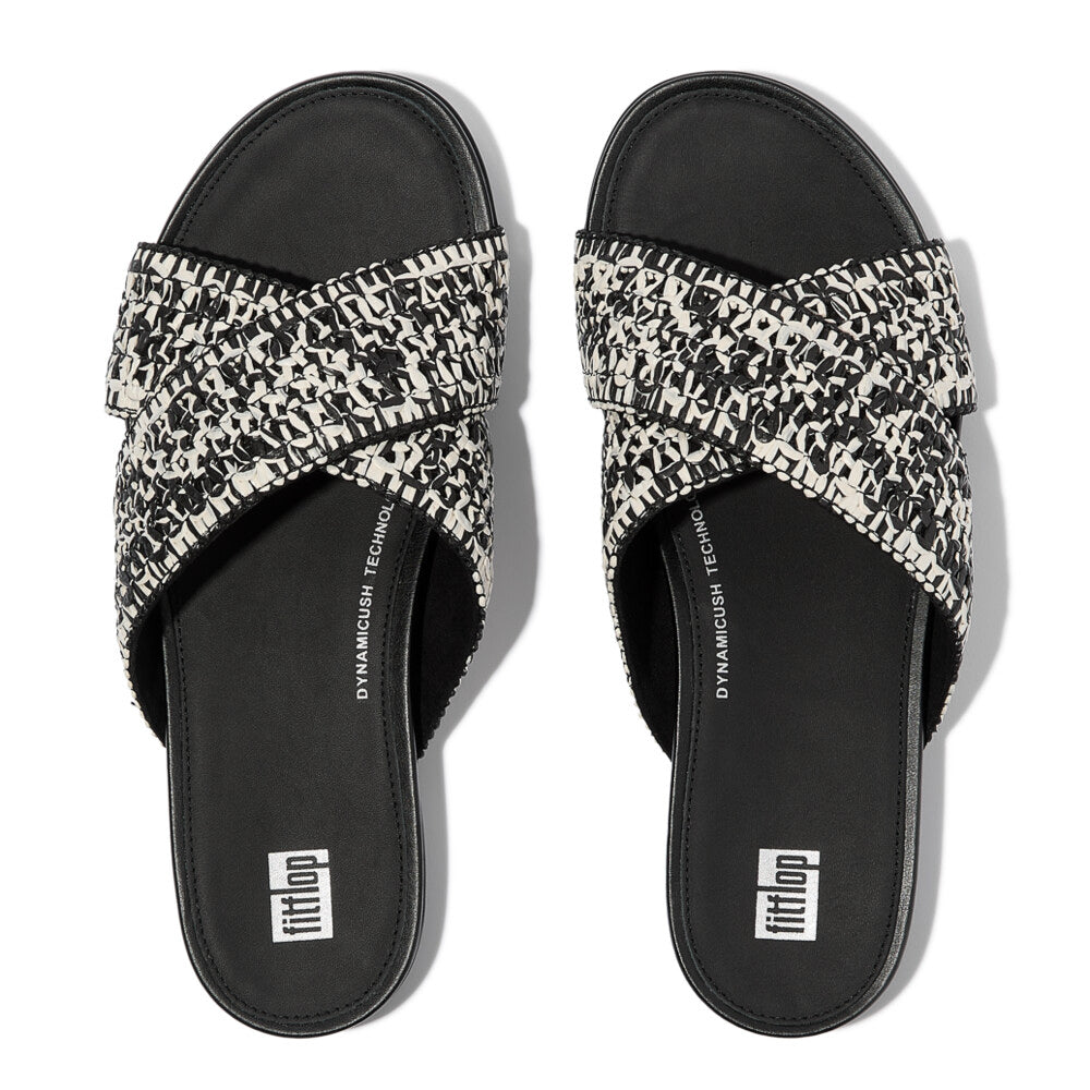 FitFlop GRACIE WOVEN Womens Slides Black/Ivory Mix overhead view showing textile upper and slip-on design.